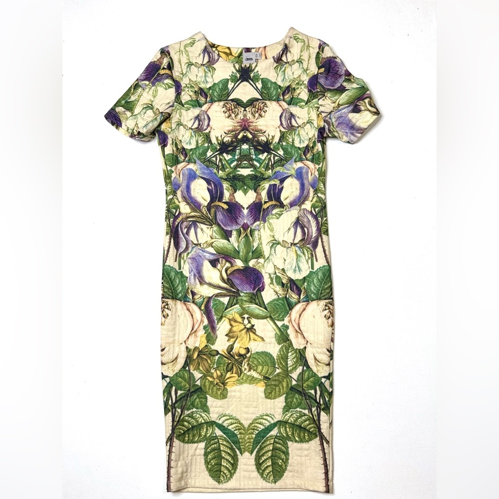 ASOS Botanical Midi  Bodycon Dress with Purple and Green Short Sleeve Sz 10
